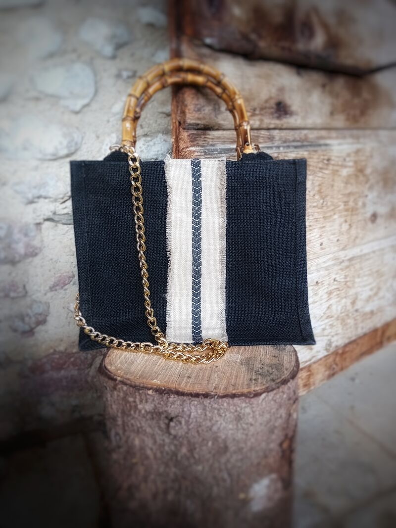 Eva D handcrafted bag with bamboo handles and gold chain