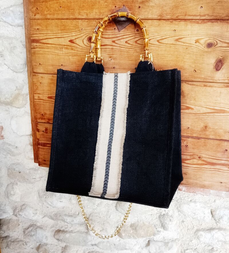 Cleo — dark woven textile tote with cream stripe and bamboo handles